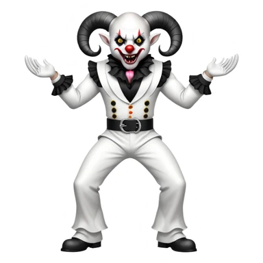full-body muscular demonic clown in black and white leisure suit with bellbottom pants, bald, black ram horns, flashy black and white belt, ruffled white shirt, no neck tie, large fangs sticker