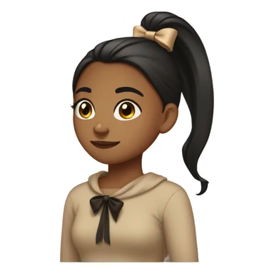 Brown skin girl, one long ponytail with a tan bow in hair, tan sweater, black hair, pretty girl sticker