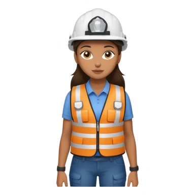 Brunette brown Girl full body standing with her white security helmet and security vest that fits her big on, also with her black backpack sticker