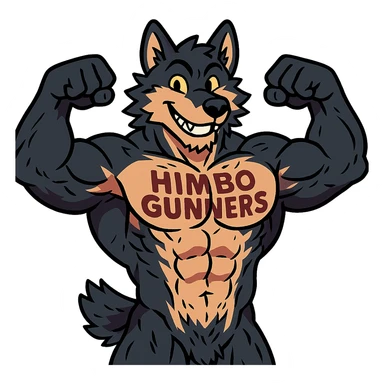 extremely muscular and highly detailed wolf furry, shirtless, with 'Himbo Gunners' tattooed across his chest, flexing pose, big friendly grin, very attractive and defined physique, detailed fur and anatomy sticker