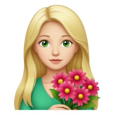 Long blonde haired woman with geen eyes holding a big bouquet of beautiful bright flowers  sticker