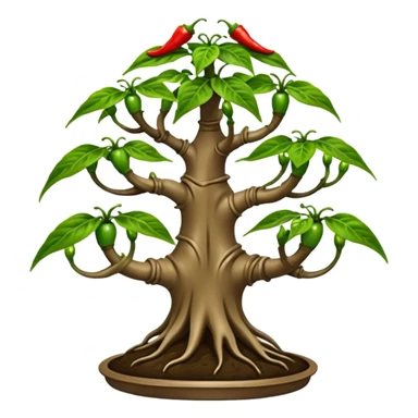 Very Large decorative gnarled alien-futuristic multi-tier space-efficient plant rack, which holds bonsai tiny hot pepper plants, constructed from mud sticker