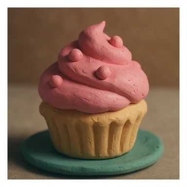 A claymation illustration of a cupcake with pink icing sticker