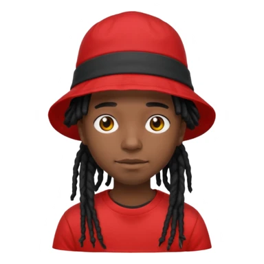 dark brown skin, black hair dreadlocks, wear red t-shirt, black bucket hat sticker