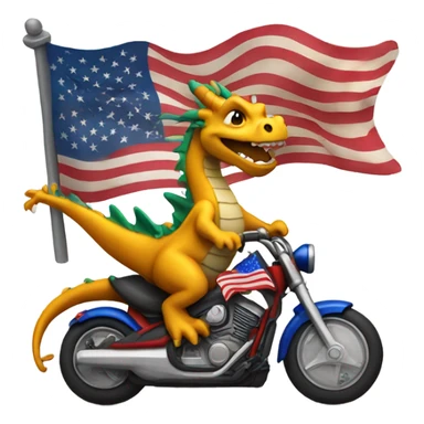 Dragon riding a motorcycle while waving an American flag sticker