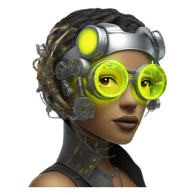 Neon yellow bobbed hair Latina female cyborg head with silver steampunk goggles and circuits sticker