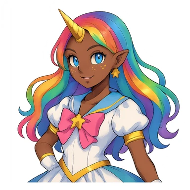 a magical girl with rainbow hair, blue eyes, dark skin, a gold unicorn horn, and star-shaped freckles sticker
