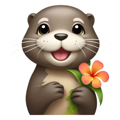 A happy and cute otter face holding a Hawaiian flower sticker