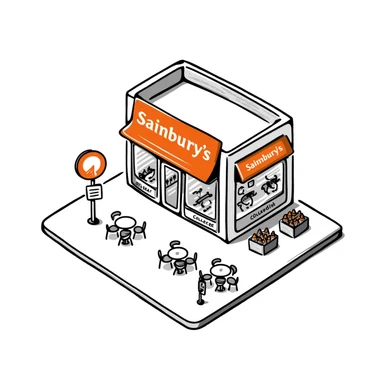 Isometric Sainsbury's supermarket with orange branding, Nectar card logo visible, shopping trolley collection points, and cafe area with outdoor seating sticker