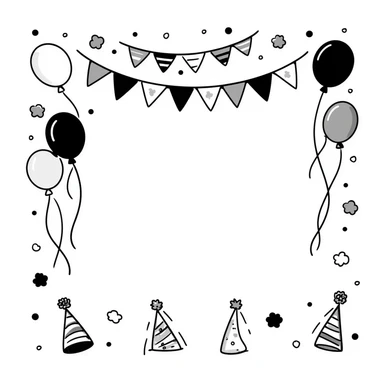 Festive party decorations including balloons, streamers, confetti, party hats, and bunting flags. Using specific pastel colors (dd9fb0, ffc6d3, a3bfc9, c4bee2, f1b091). Hand-drawn doodle style with playful, celebratory elements arranged in a decorative composition. Transparent background. sticker