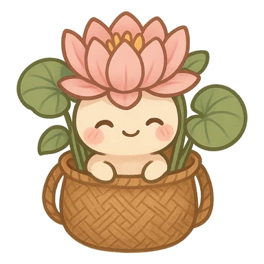 mascota para proyecto productivo, lirio de agua sentado dentro de un bolso artesanal, expresión dulce y acogedora, detalles de hojas y tejido sticker