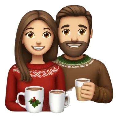 White couple, girl with long straight brown hair and boy with brown hair and beard, christmas sweaters, celebrate, hot chocolate sticker