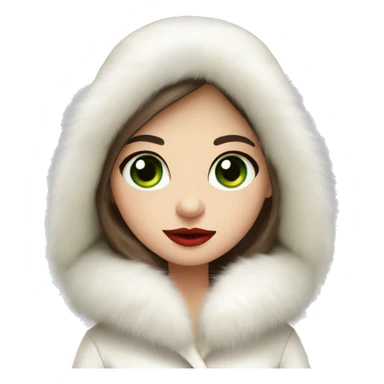 Slavic girl with green eyes and brown long hair wearing a white fur hat and white fur coat with red lips sticker