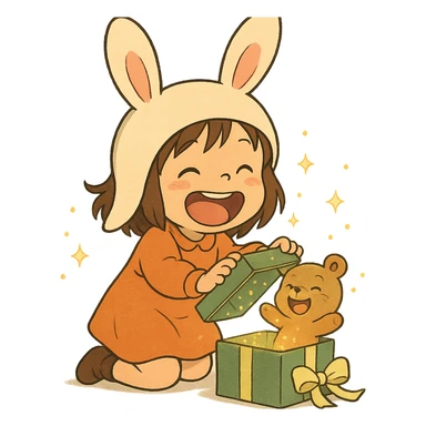 laughing chibi cute girl with a bunny hat, unwrapping a magical glitter gift box with a small laughing teddy bear inside, full body, clean and polished, no imperfections, soft Ghibli style sticker