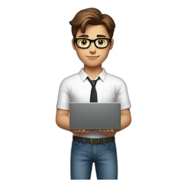 front view of young clark kent wearing white t-shirt using a laptop sticker