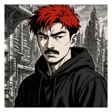 Asian man with black mustache, red hair, black hoodie, Ghost in the Shell manga style, futuristic city background, sharp shadows, high detail sticker