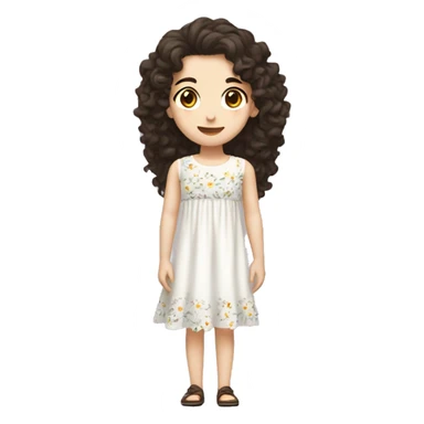 girls with white pale skin, with dark brown eyes, with dark brown long curly hair mullet shag, with a cute white flowery dress sticker