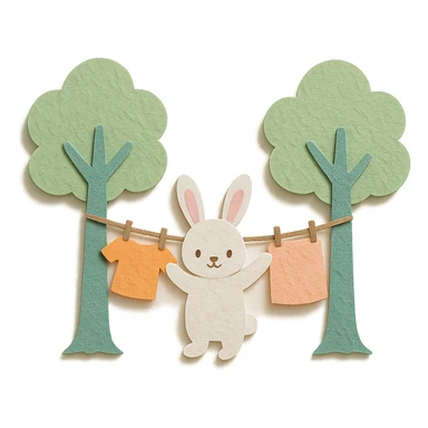 bunny hanging laundry between trees, calming domestic forest feel, soft pastel colors, paper-craft style sticker