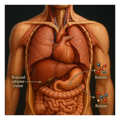 human body in 4K, cross-section, highlighting reduced adipose tissue and liver converting fats into ketones, stylized fatty acid and ketone molecules sticker