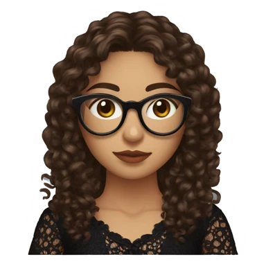 Hispanic woman with long chocolate brown curly hair,cateye black glasses, brown eyes, holding a ball of yarn with a needle in it, wearing a black lace shirt sticker