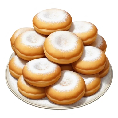 Cinematic Realistic image of simple round buñuelos, depicted with a lightly crisp, golden exterior and soft, airy interior, dusted with a subtle layer of powdered sugar and set against a rustic backdrop with warm, inviting lighting. sticker
