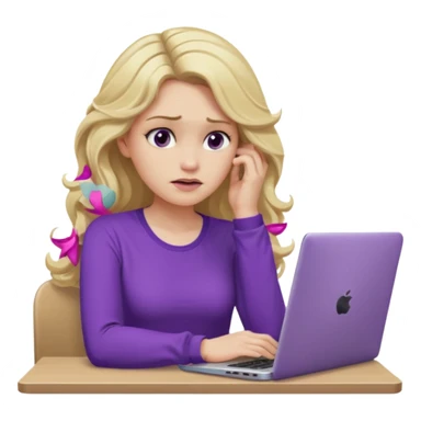 lady with long blonde wavy hair, purple top, one elbow one desk hand on face with a laptop looking defeated sticker