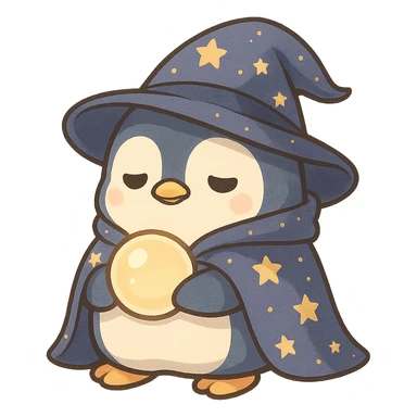 a chubby penguin in wizard attire, with a starry cloak and a glowing orb, looking wise and mystical sticker