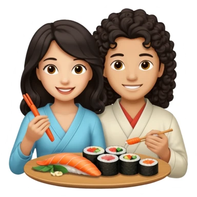 czarnowłosa ksieżniczka w dlugich wlosach je sushi z chłopakiem o czarno brązowych kręconych włosach i są zadowoleni sticker