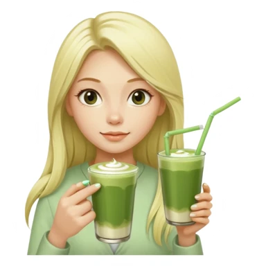 A blonde girl with long hair offers a glass of matcha latte with two straws sticker