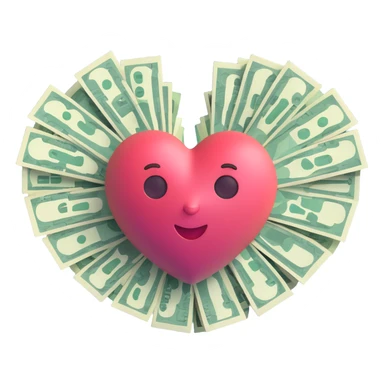 heart shape made of money, memoji style, playful and expressive, 3D look, soft shading, no text sticker