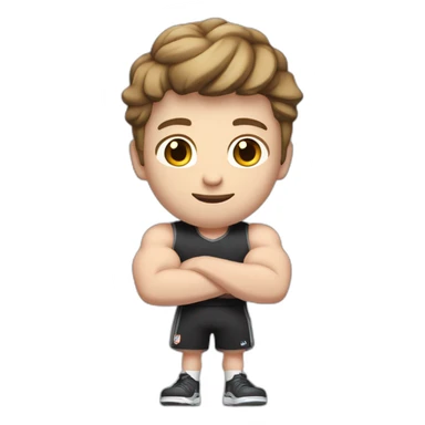 Close up Actively gesturing  with hands Pale skinned Fit Man With the biceps and brown hair in dark gray Sleeveless Mike, black oversize sports shorts, watch and white Sneakers sticker
