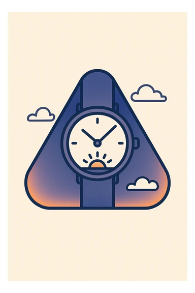 minimal rounded triangle with modern wristwatch inside, watch hands set to just after sunrise, triangle edge glowing with gentle orange fade complemented by cool blue tones for trust and technology, clean and modern sticker