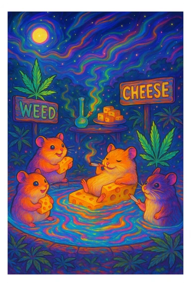 A psychedelic, ultra-colorful scene of hamsters at a weed and cheese pool party at night, with glowing lights, swirling colors, magical energetic vibe, Ghibli style sticker