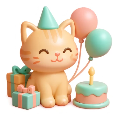 ginger tabby kitten sitting next to a stack of gifts, wearing a party hat, birthday cake and balloons around, cheerful sticker