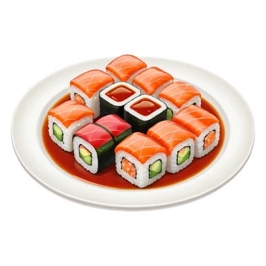 Sushi rolls with sauce on top in a plate sticker