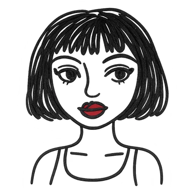 A pretty girl with black straight bob hair. She has hazel eyes with black eyeliner. She has plump red lips. She is wearing a white tank top sticker