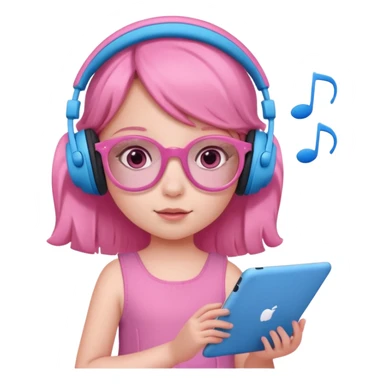 Little girl with headphones when pink eyes and pink iPad and pink dreamy background and rose colored glasses and blue music notes around her and pink dress sticker