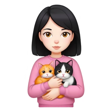girl with black hair holding a tri-colored cat (black, orange, white) wearing a pink sweater sticker