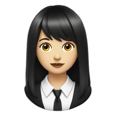 white female bangs black straight hair white shirt black tie sticker