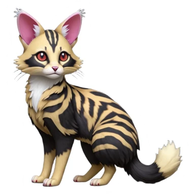 Hyper realistic  void-black fur haunted by crimson neon pulse-lines like living circuitry beautiful elegant pretty precious cute  Fakémon-Pokémon-opossum-feline-serval-caracal-chinchilla-Furret-Minccino-hybrid-creature with a big fluffy bushy tail (full body) sticker