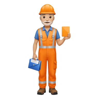 older engineer hi-vis orange overalls full body holding a card sticker