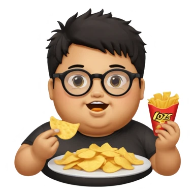 generate a pretty bratz boy with spectacles on, fat, tan. Black hair messy. eating chips sticker