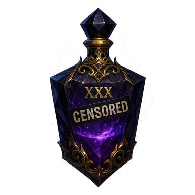 crystal luxurious elixir bottle with edgy forbidden elixir vibe, bottle has censored words or labels like 'XXX' and 'CENSORED', dark colors, lots of glowing, edges, ornaments, golden details, magical effects, very small golden neck, transparent background, beautiful seamless bottom, bottle clearly floating in air, no base or shadow, very luxurious, edgy, fitting a collection sticker