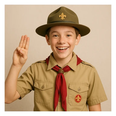 boy scout in uniform making the 3 finger salute, cheerful expression sticker