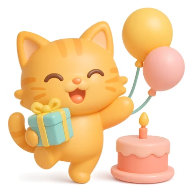 ginger tabby kitten jumping with joy, holding a birthday gift, birthday cake and balloons in background sticker