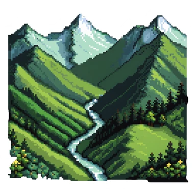 Scenic mountain valley with peaks and lush valleys sticker