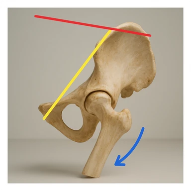 realistic human pelvis tilted, 4K resolution, detailed anatomical features, very evident tilt, colored guideline lines and arrows highlighting the tilt, side view, clinical atmosphere, neutral background sticker