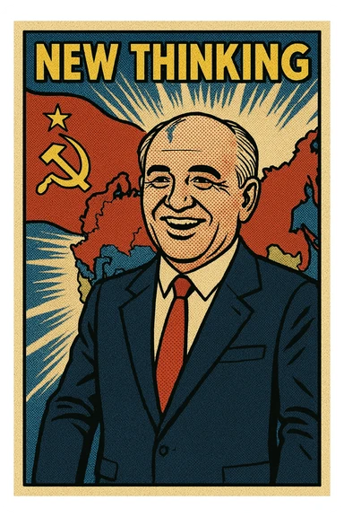 The full body of Soviet leader Mikhail Gorbachev with a smile on his face with a map of the Soviet Union and Eastern Europe in the background with the communist flag and a heading which reads 'New Thinking' sticker