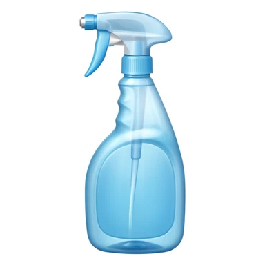 transparent plastic spray bottle filled with light blue liquid, clean trigger top, ergonomic shape, soft curves, slight shine, clarity and freshness, no label, no cloth, no window, closed spray bottle, soft lighting, subtle shadows, emoji scale sticker