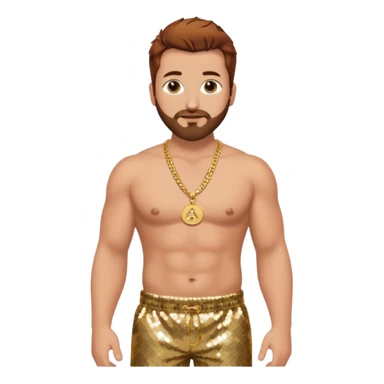 Joey Fatone with auburn hair, black sequin baggy pants, shirtless with necklace sticker